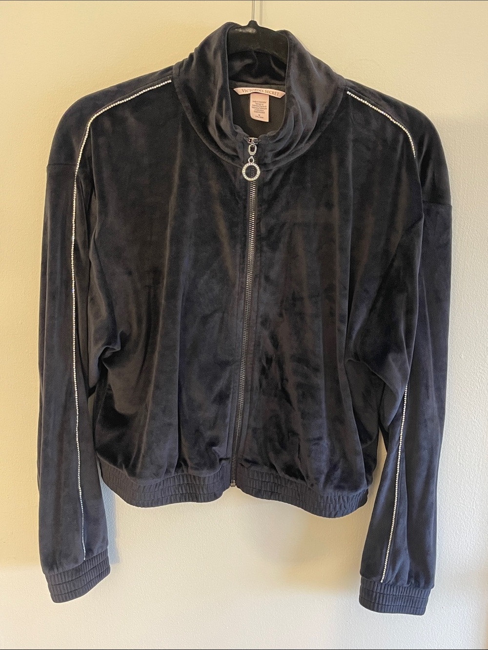 Victoria's Secret Black Velour Zip-Up Bomber Jacket with Rhinestone Trim